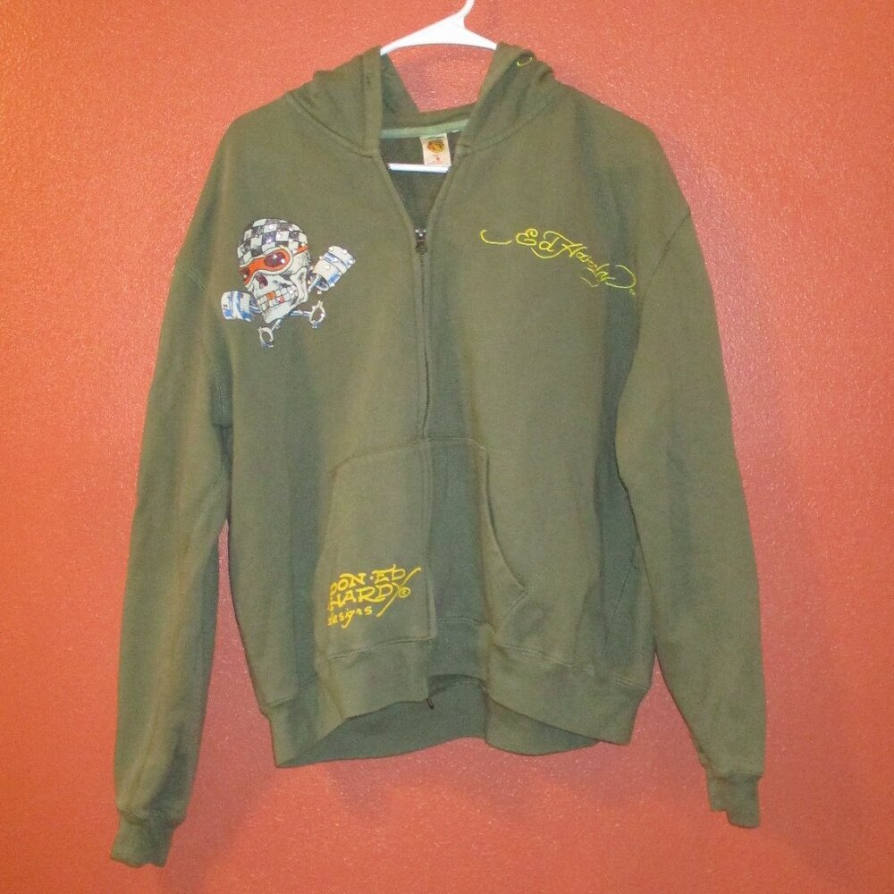 Ed Hardy Jacket Woman Medium Green Black Yellow Full Zip Outdoors Hooded Jacket